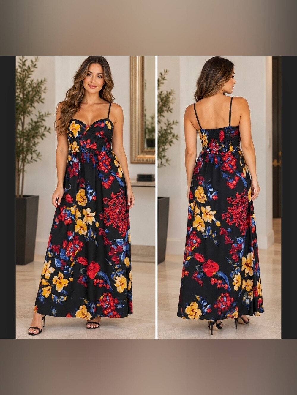 Floral Black Maxi Sundress with Yellow & Red Blooms